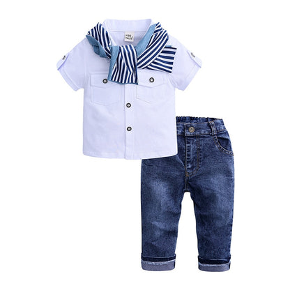 Toddler Boys Short Sleeve Top+Jeans+Scarf 3PC Set