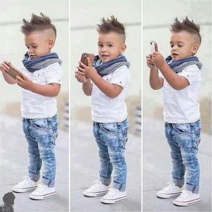 Toddler Boys Short Sleeve Top+Jeans+Scarf 3PC Set