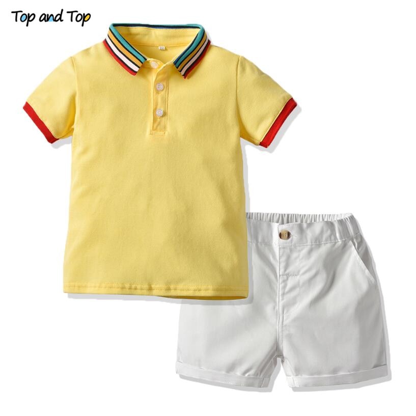 Toddler Boys Striped Collar Polo Shirt+Shorts 2PC Set