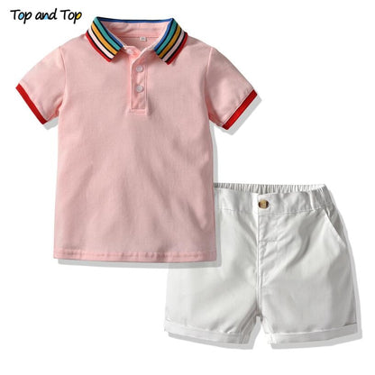 Toddler Boys Striped Collar Polo Shirt+Shorts 2PC Set