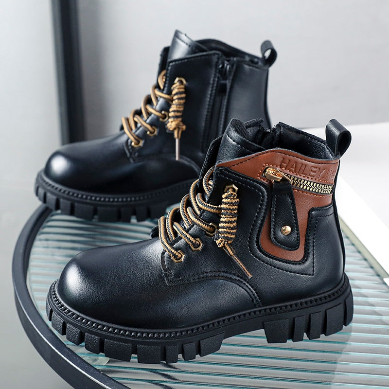 Leather Ankle Boots with Zipper Lace Up For Boys