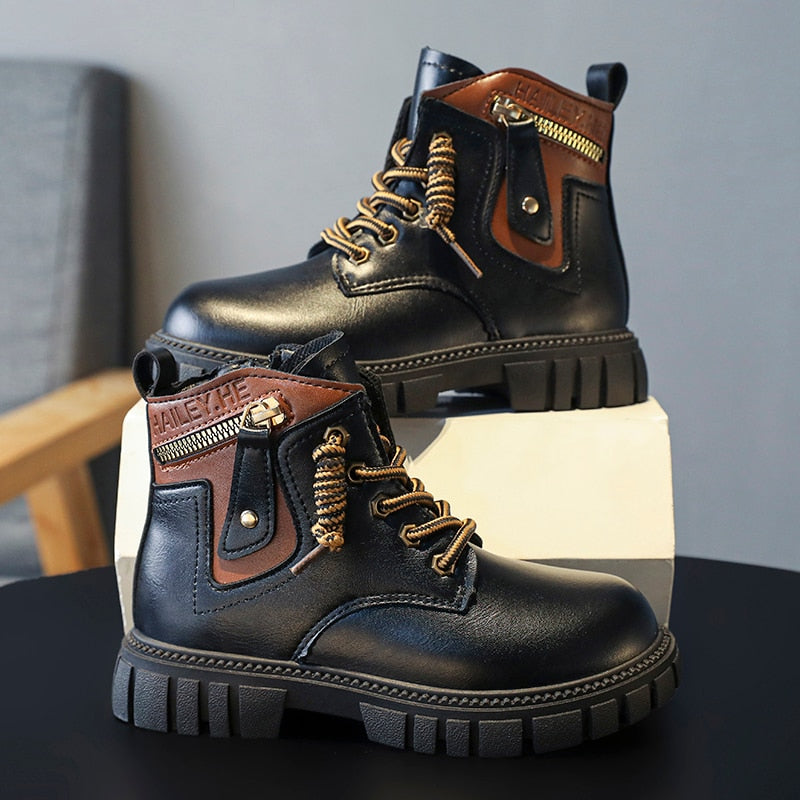 Leather Ankle Boots with Zipper Lace Up For Boys