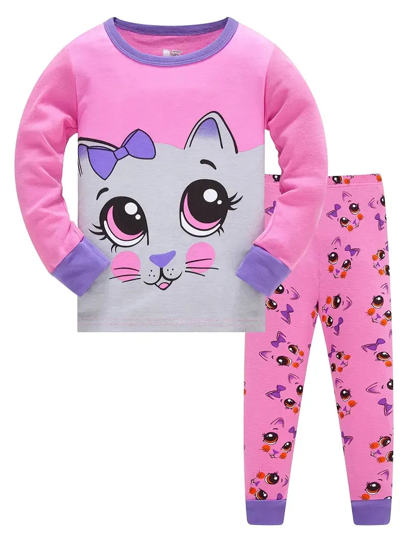 Girls Winter Lovely Cat Print Pajamas Set