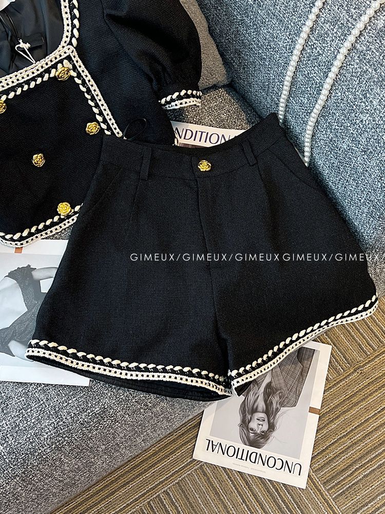 Girls Double-Breasted Puff Sleeve Top & Matching Shorts