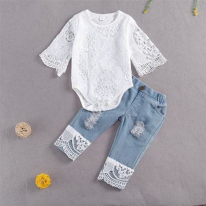 Infant Girls Long Sleeve Lace Romper & Soft Jeans 2Pcs Outfit