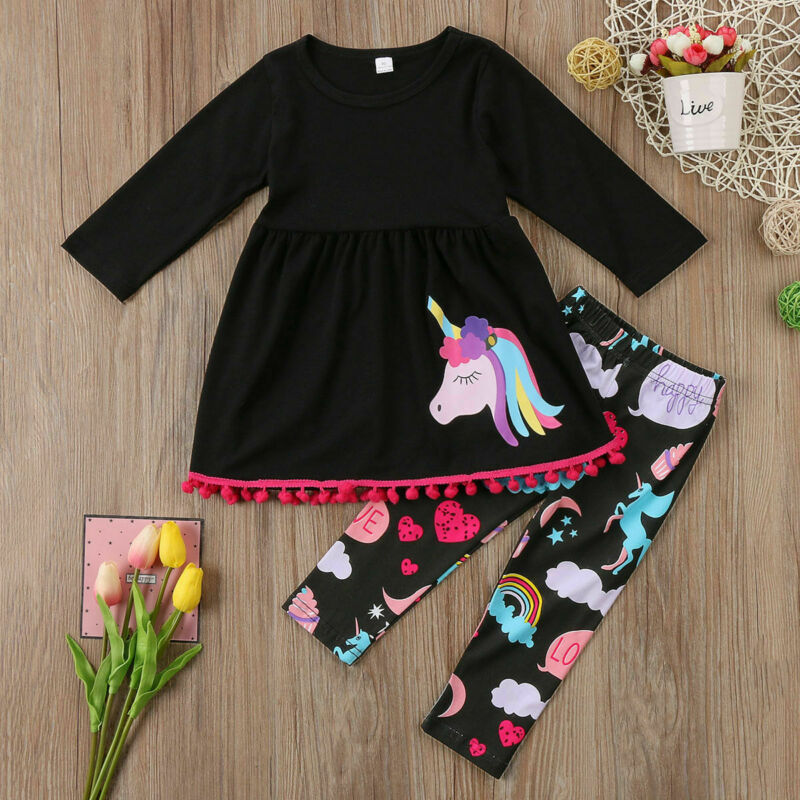 Girls Unicorn Long Sleeve Dress & Floral Leggings