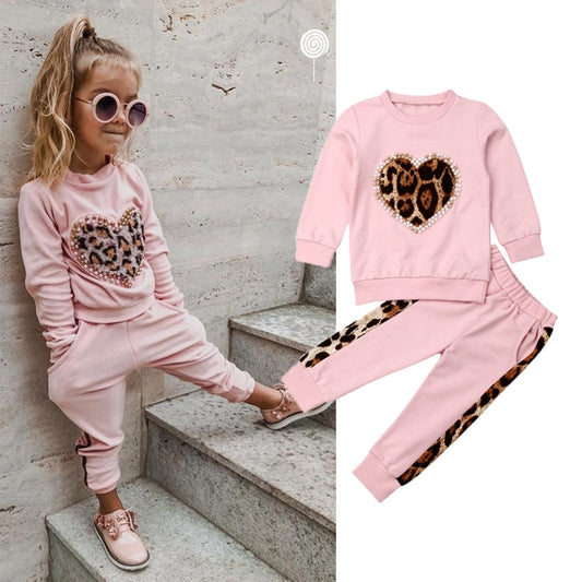 Toddler Girls Pink Leopard Top Long Pants Tracksuit Set
