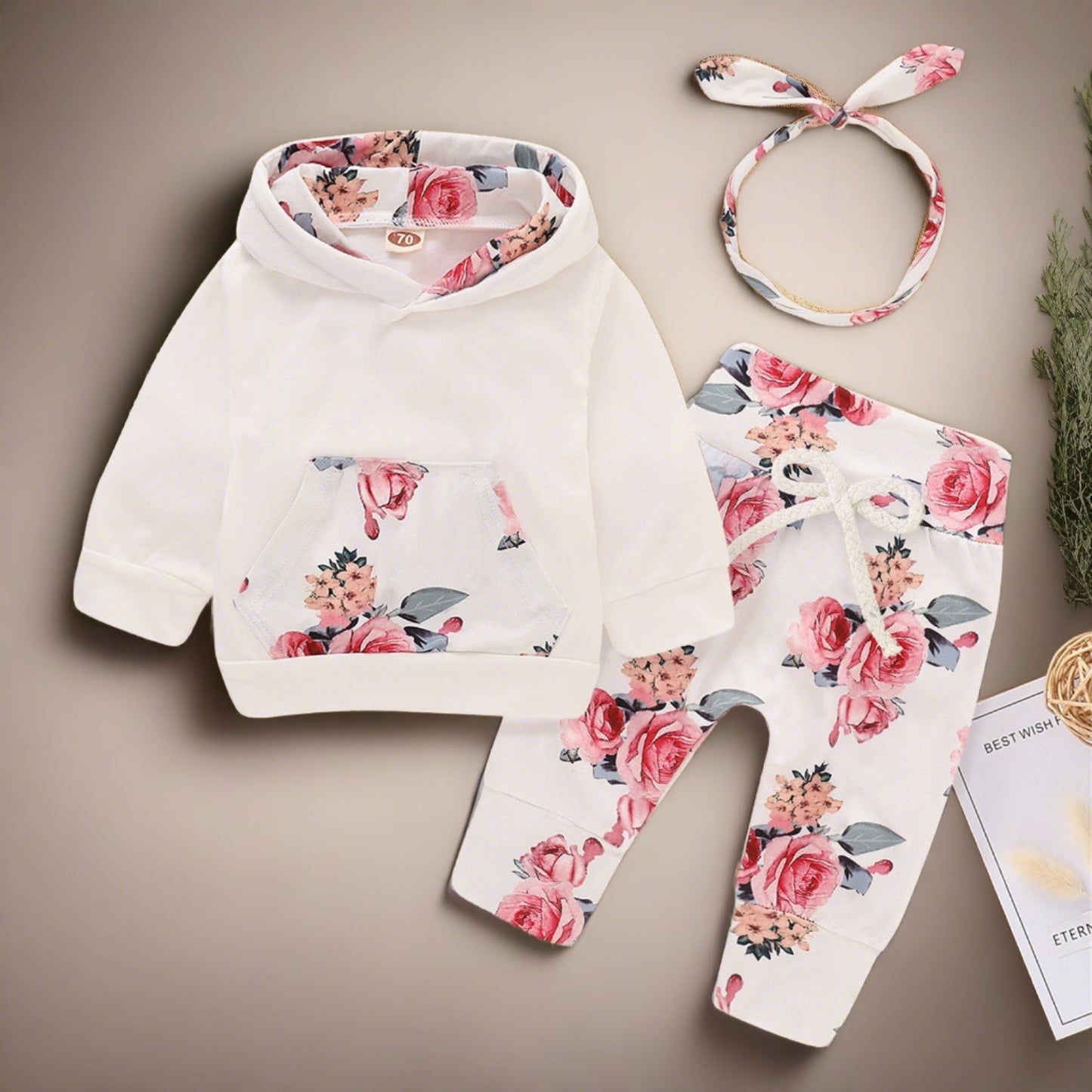 Newborn Girls Floral Print Hooded Pullover+Pant 3PC Set