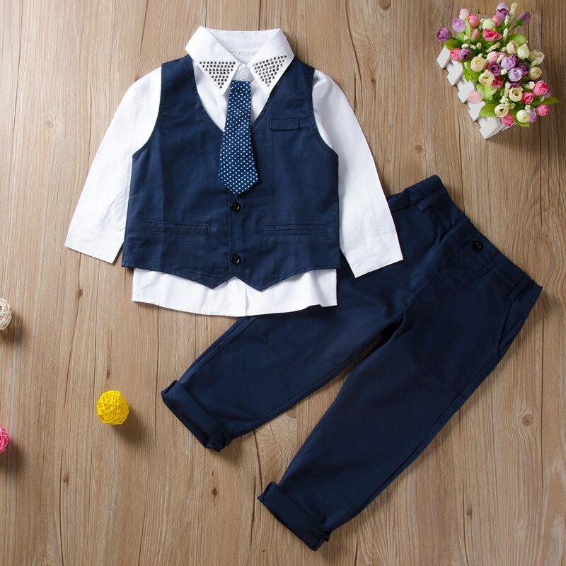Boys Solid Shirt-Waist Coat+Pants 3PC Set