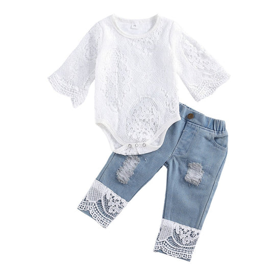 Infant Girls Long Sleeve Lace Romper & Soft Jeans 2Pcs Outfit