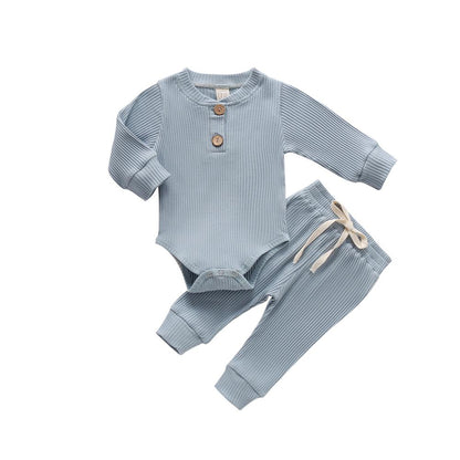Newborns Ribbed Long Sleeve Romper + Elastic Pants 2PC Set