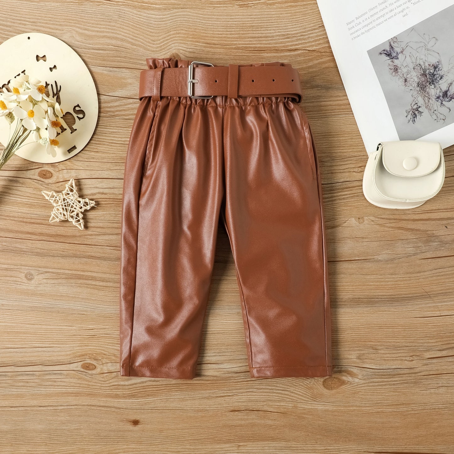 Girls Bubble Sleeve Top+ Leather Pants 2 PC Set