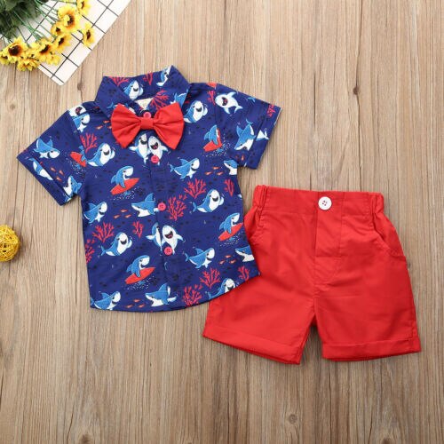 Toddler Boys Short Sleeve Shark Print Button Down Shirt & Red Shorts 2PC
