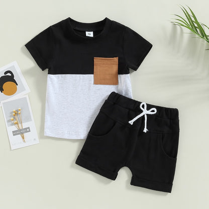 Toddler Boys Short Sleeve Contrast Color Top-Solid Shorts 2PC Set