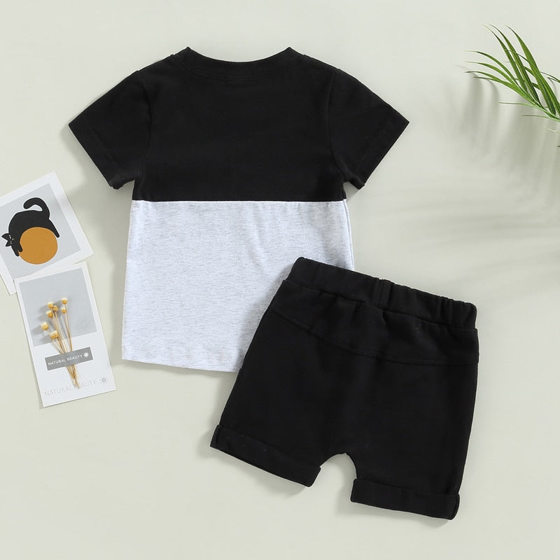 Toddler Boys Short Sleeve Contrast Color Top-Solid Shorts 2PC Set