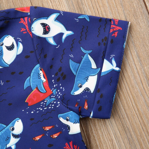 Toddler Boys Short Sleeve Shark Print Button Down Shirt & Red Shorts 2PC
